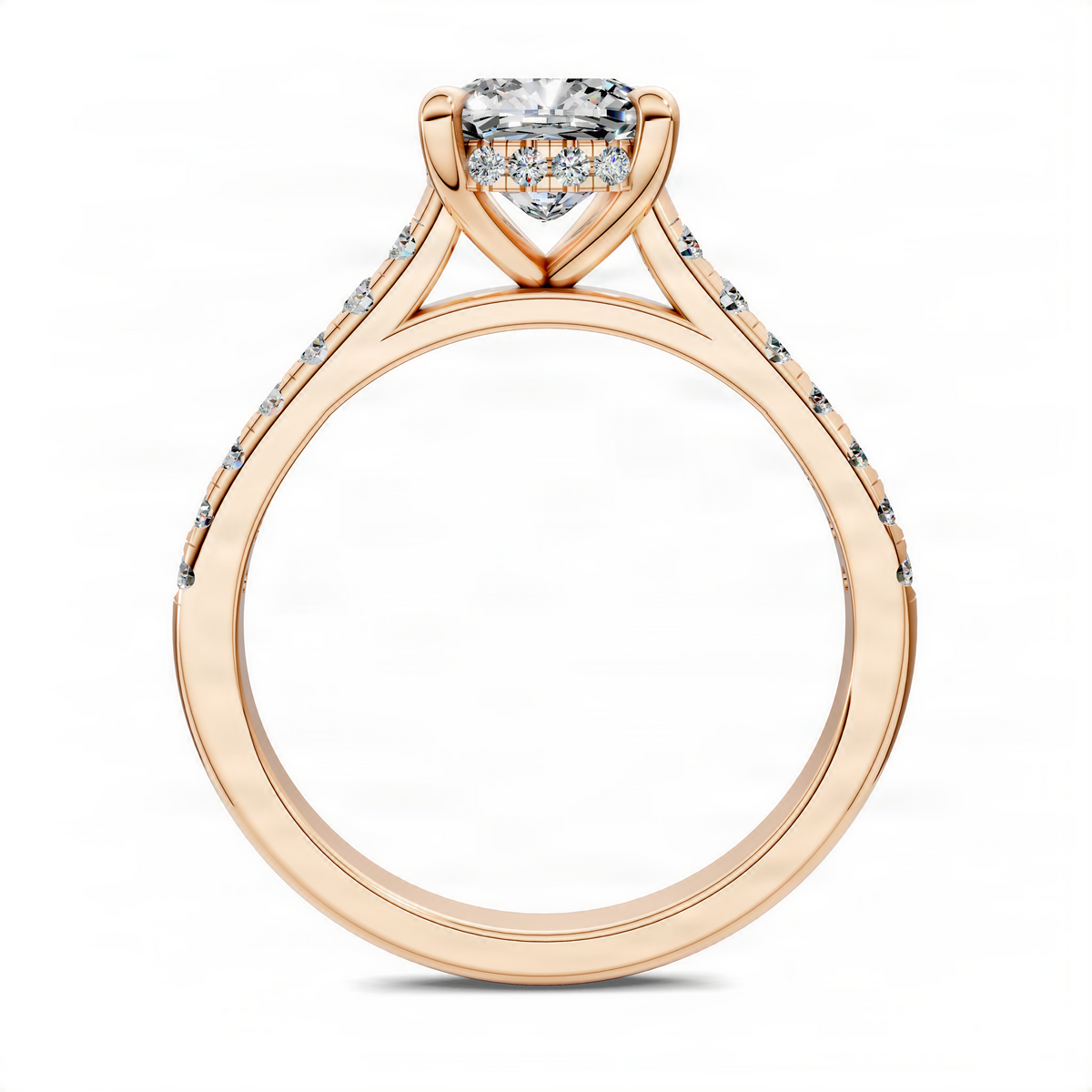 Rose gold hidden halo cathedral pavé ring with round center stone