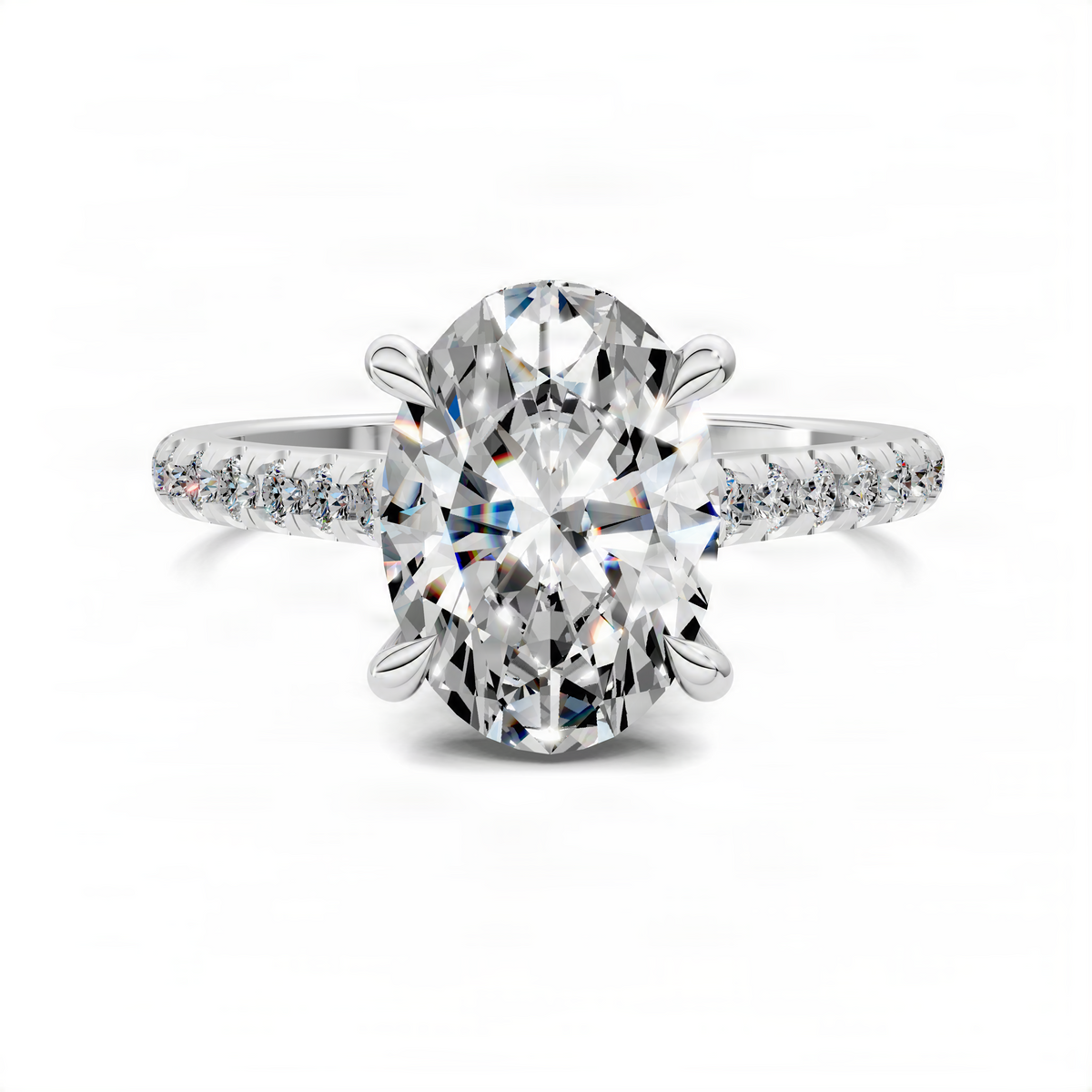 Oval hidden halo cathedral pavé ring with oval center stone