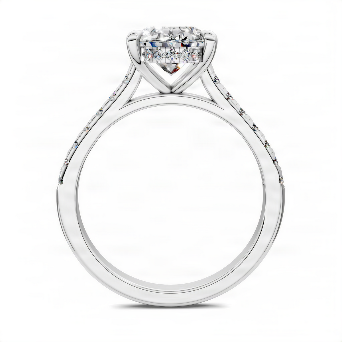 Opes oval hidden halo cathedral pavé engagement ring, side view