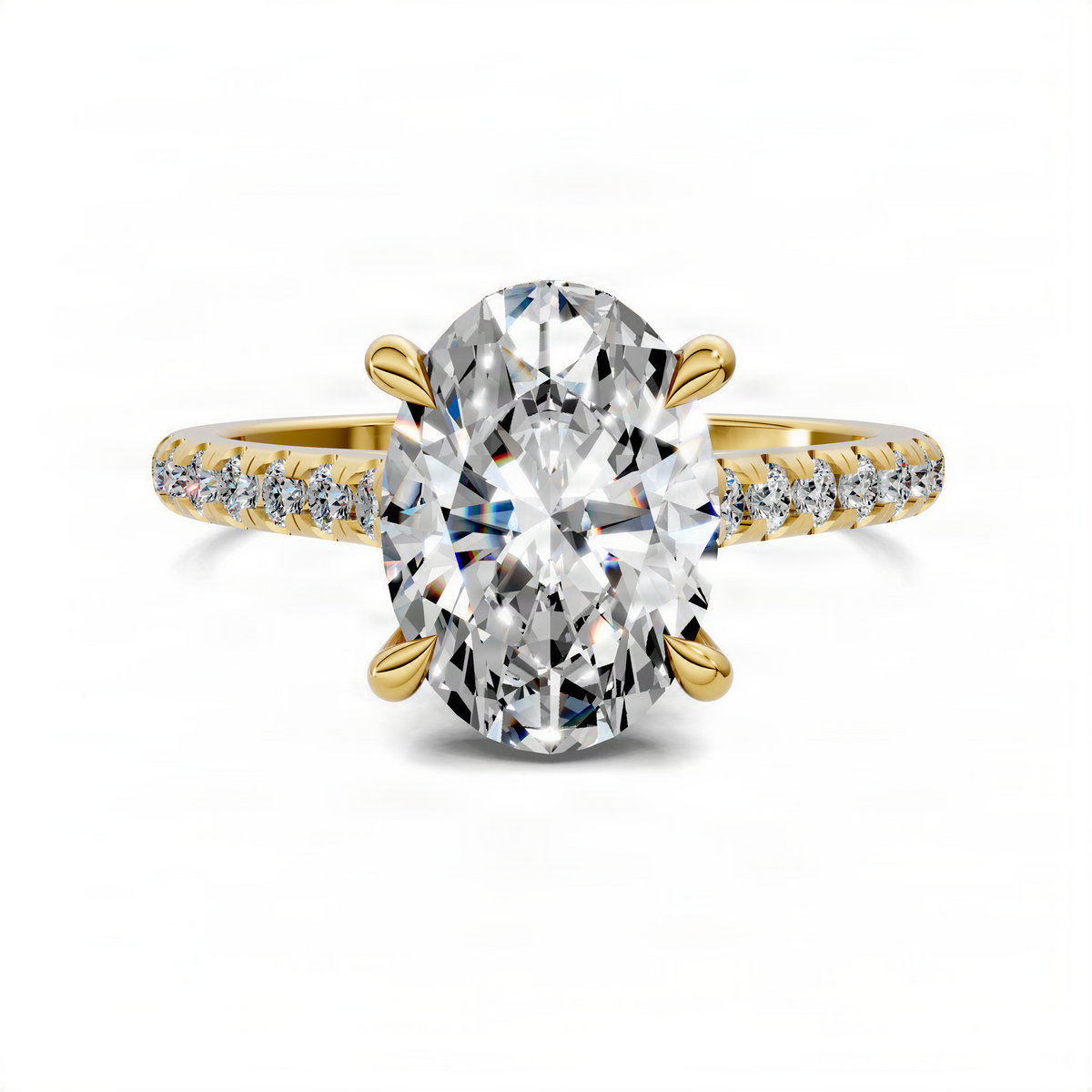 Oval diamond engagement ring with pavé yellow gold band