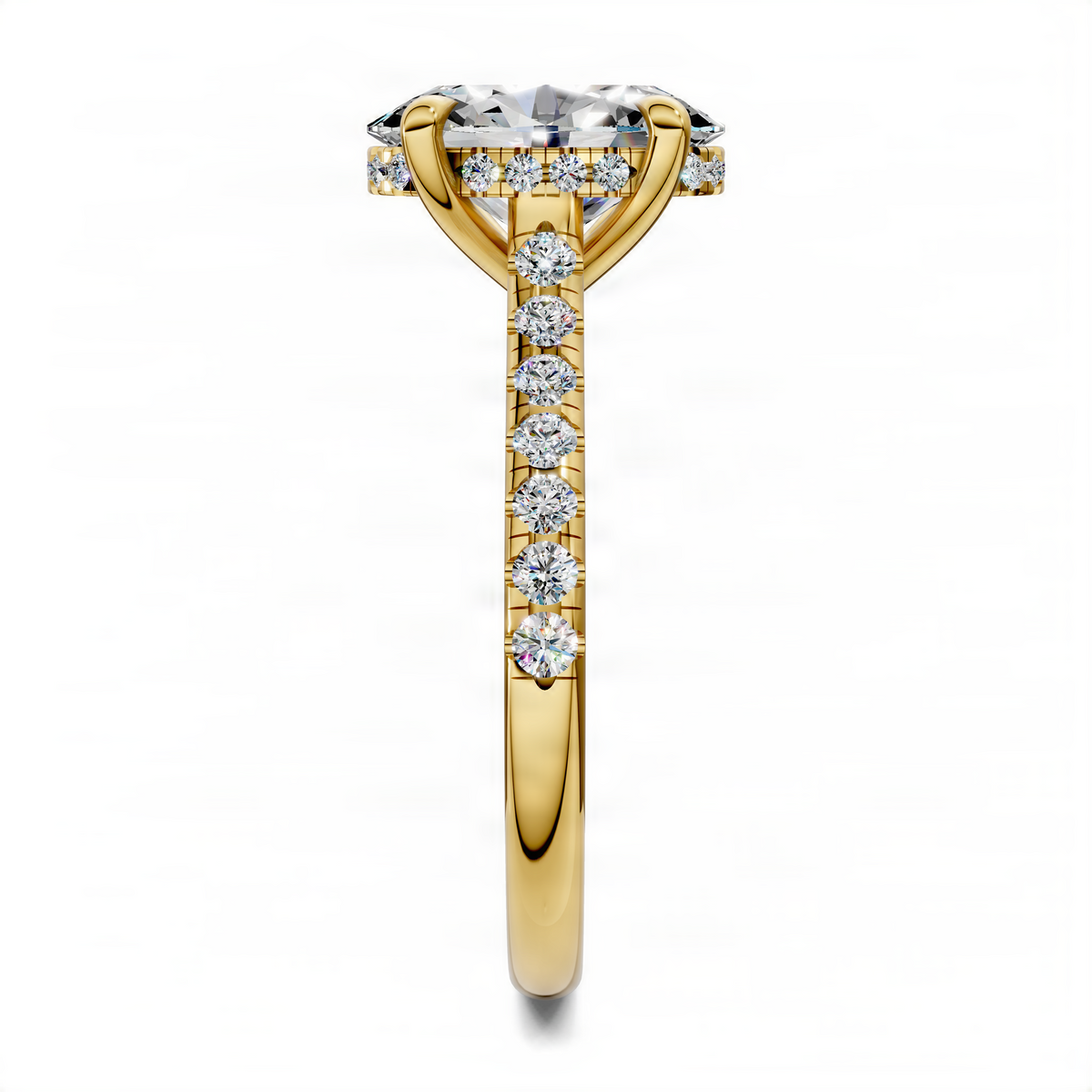 Opes oval hidden halo cathedral pavé ring in yellow gold, side view