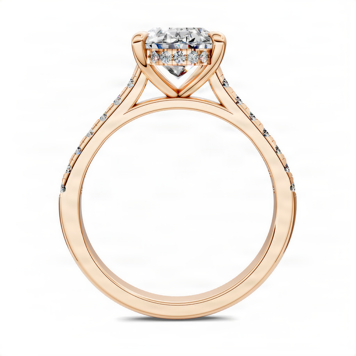 Rose gold oval hidden halo cathedral pavé ring with round center stone