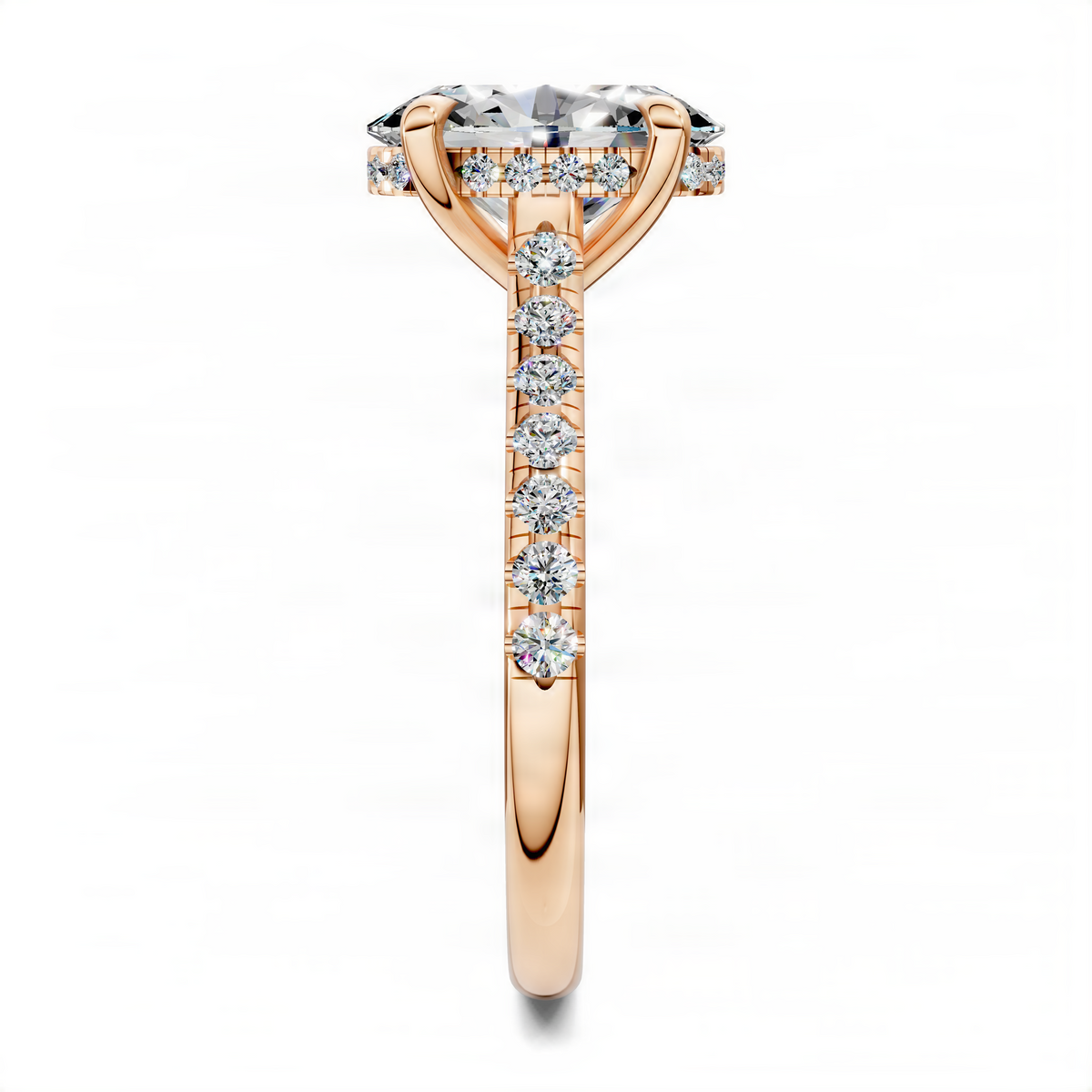 Oval diamond ring with cathedral pavé band and hidden halo, side view