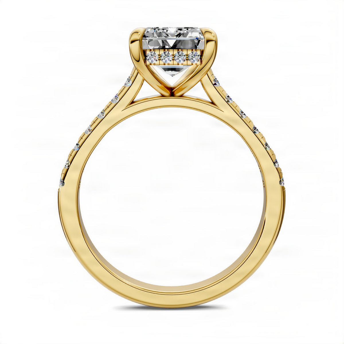 Yellow gold cathedral pavé engagement ring with hidden halo and cushion-cut center stone
