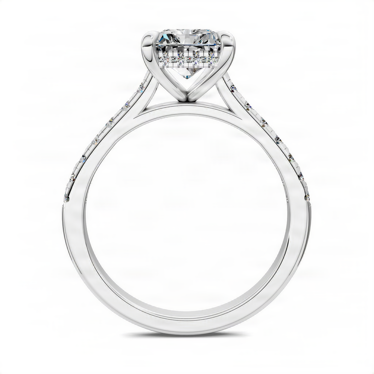 Diamond engagement ring with cathedral pavé band in white metal
