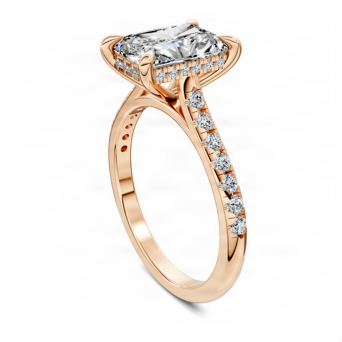 Opes rose gold cathedral pavé engagement ring with hidden halo