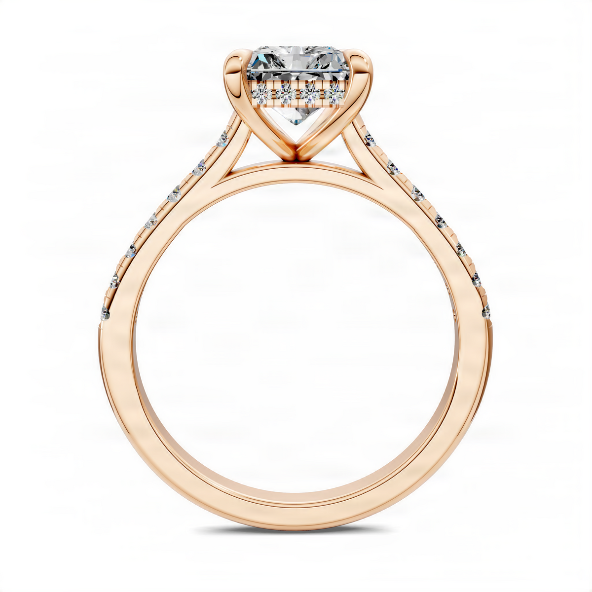 Rose gold cathedral pavé engagement ring with hidden halo and round center stone