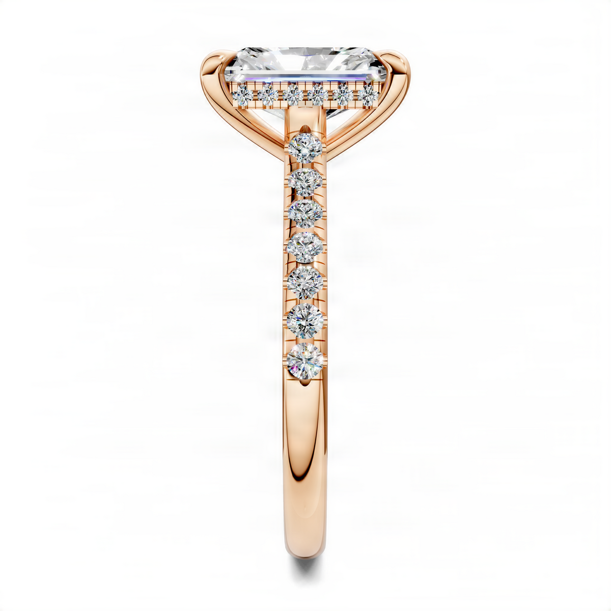 Rose gold cathedral pavé ring with round center stone and hidden halo
