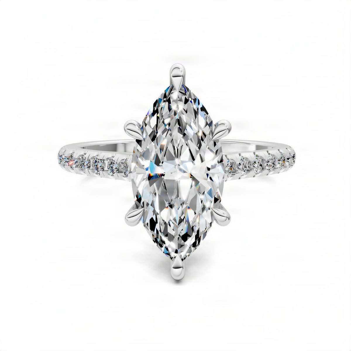 Marquise diamond cathedral pavé ring with hidden halo