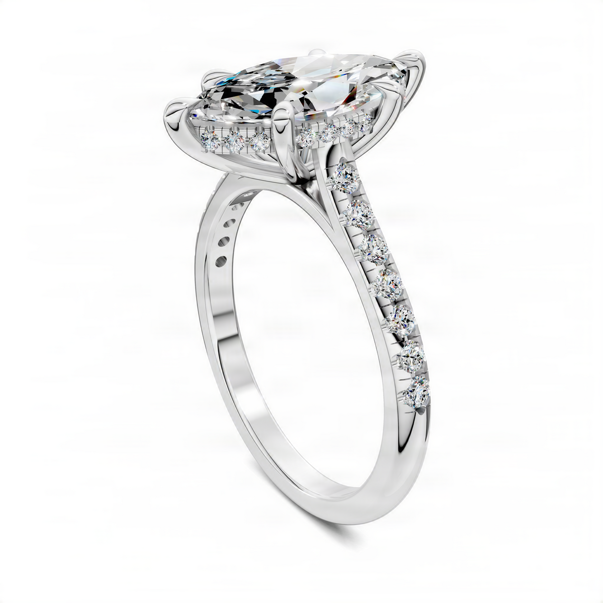 Diamond engagement ring in white metal with hidden halo and pavé band