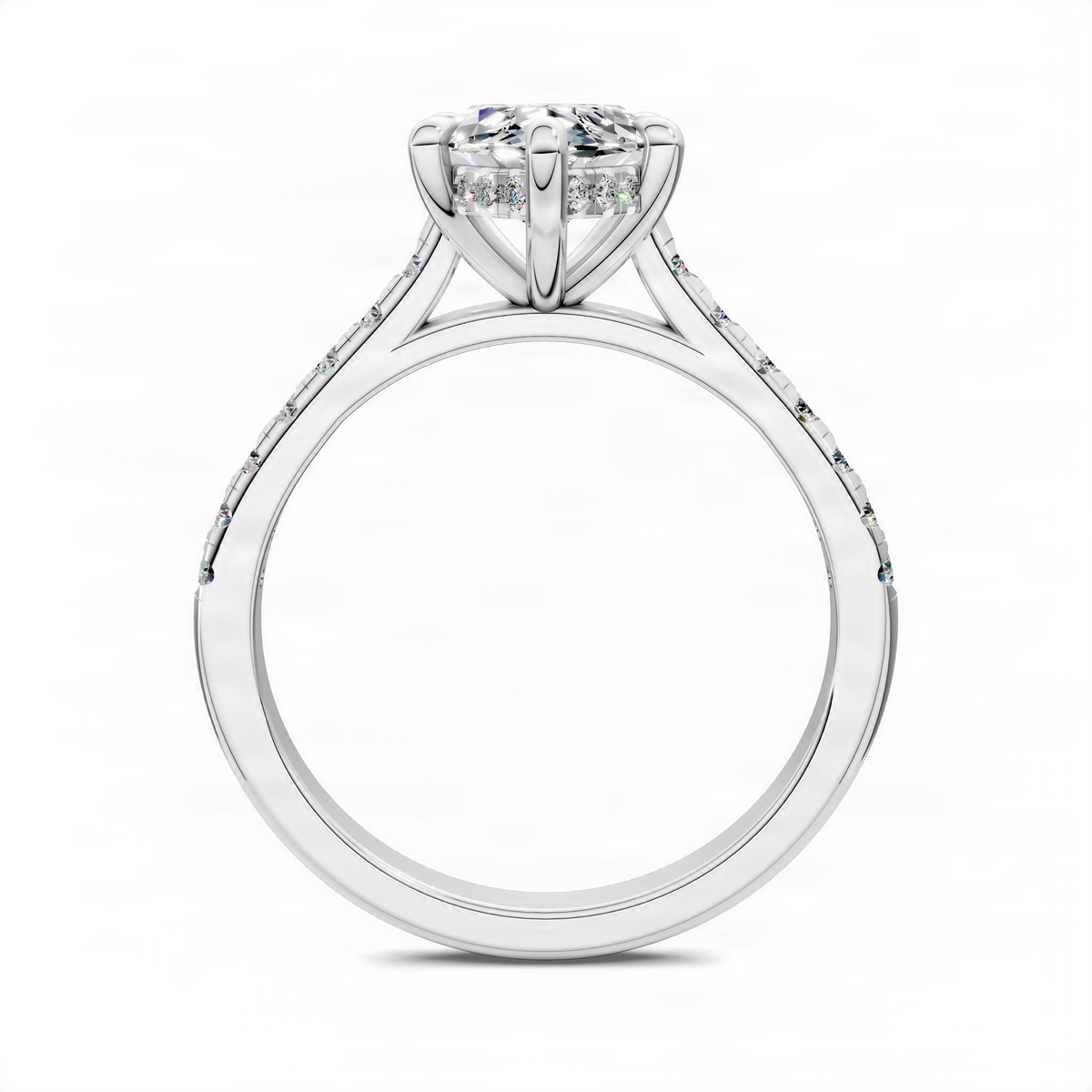 Platinum hidden halo cathedral pavé engagement ring with round center stone