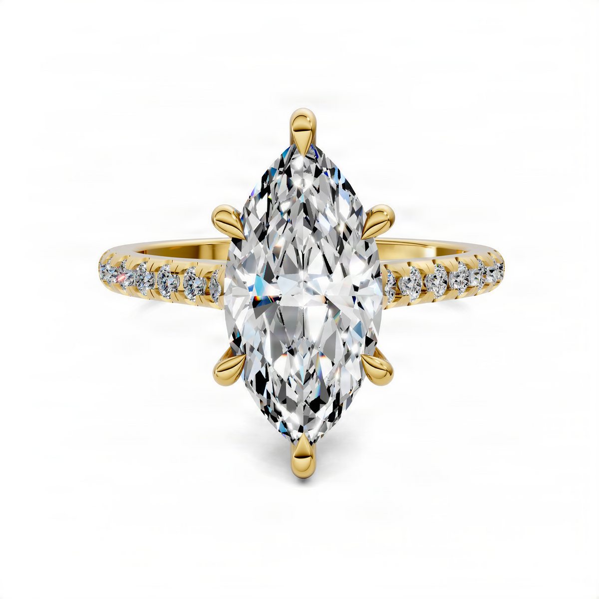 Marquise solitaire ring in yellow gold with pavé band and cathedral setting