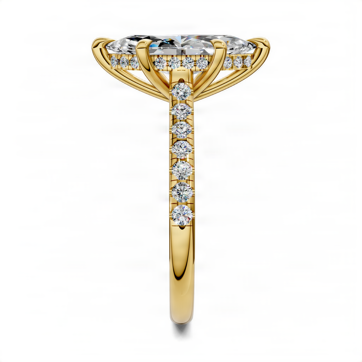 Marquise hidden halo cathedral pavé ring in yellow gold with round side stones
