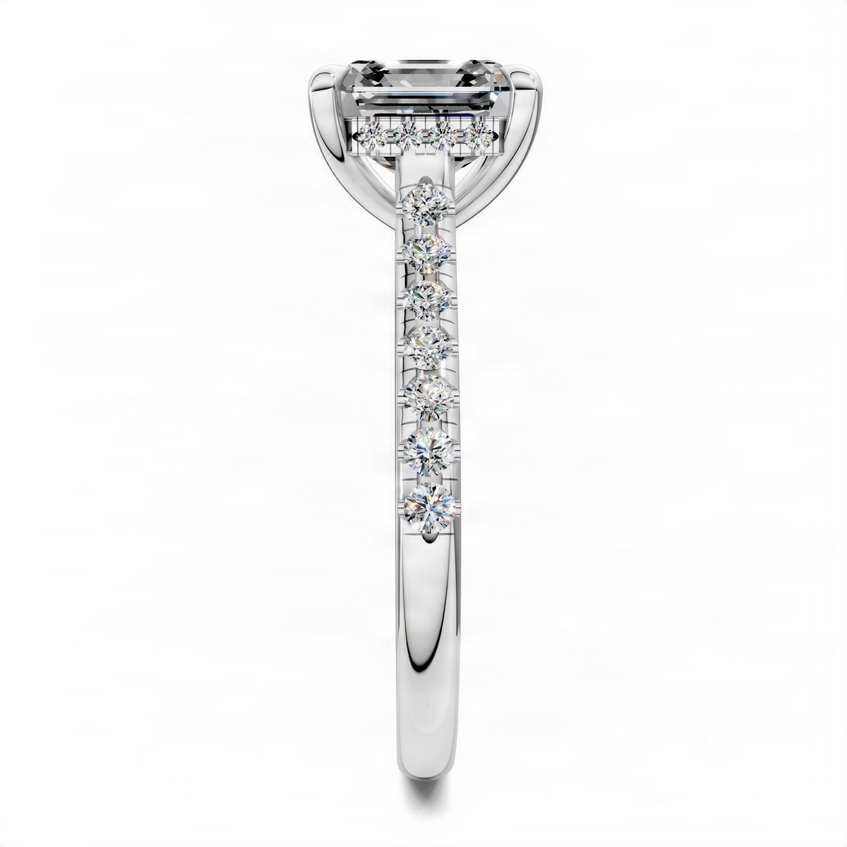 Platinum Asscher hidden halo cathedral pavé ring with asscher-cut center stone