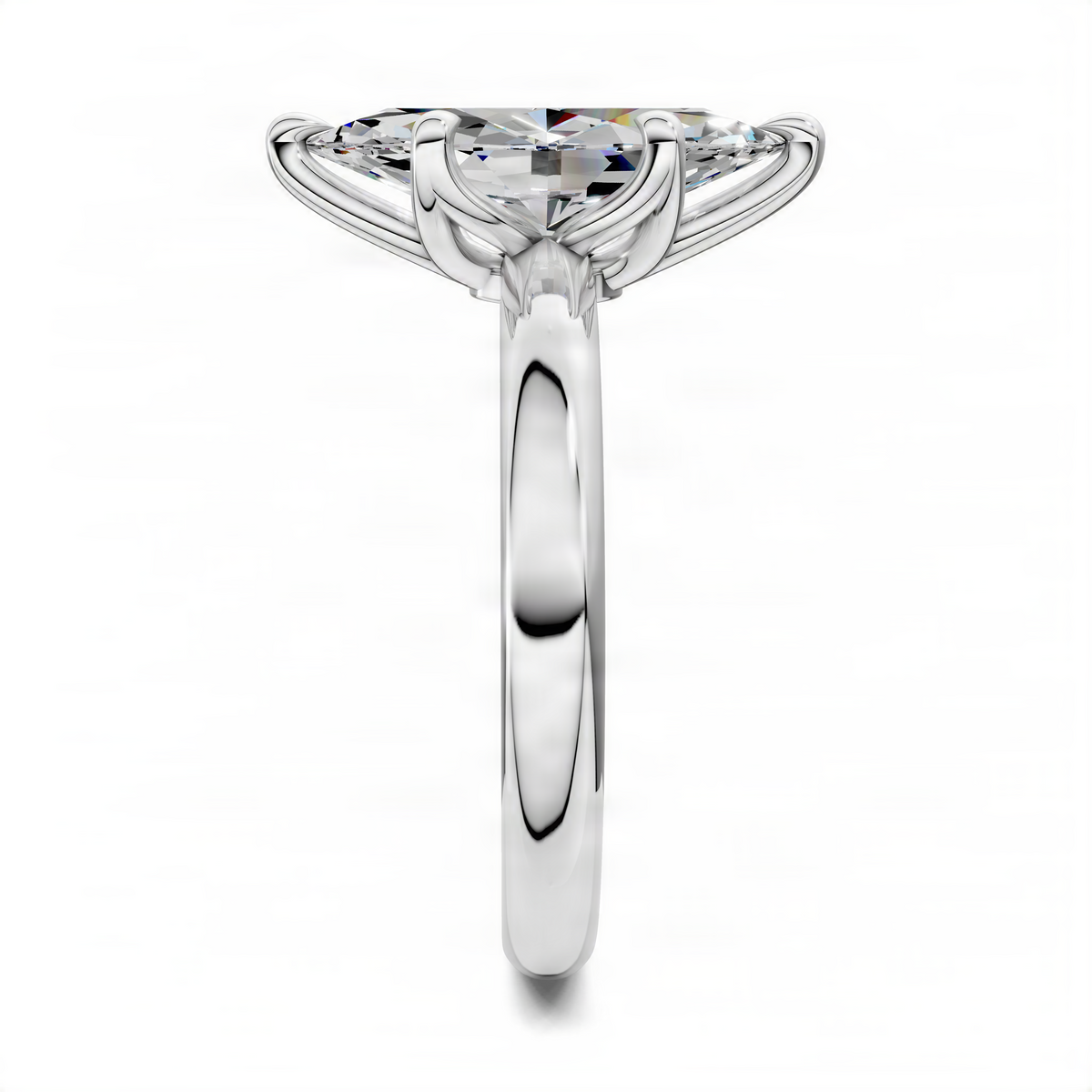 Marquise floral basket ring side profile with clear center stone, silver-tone metal