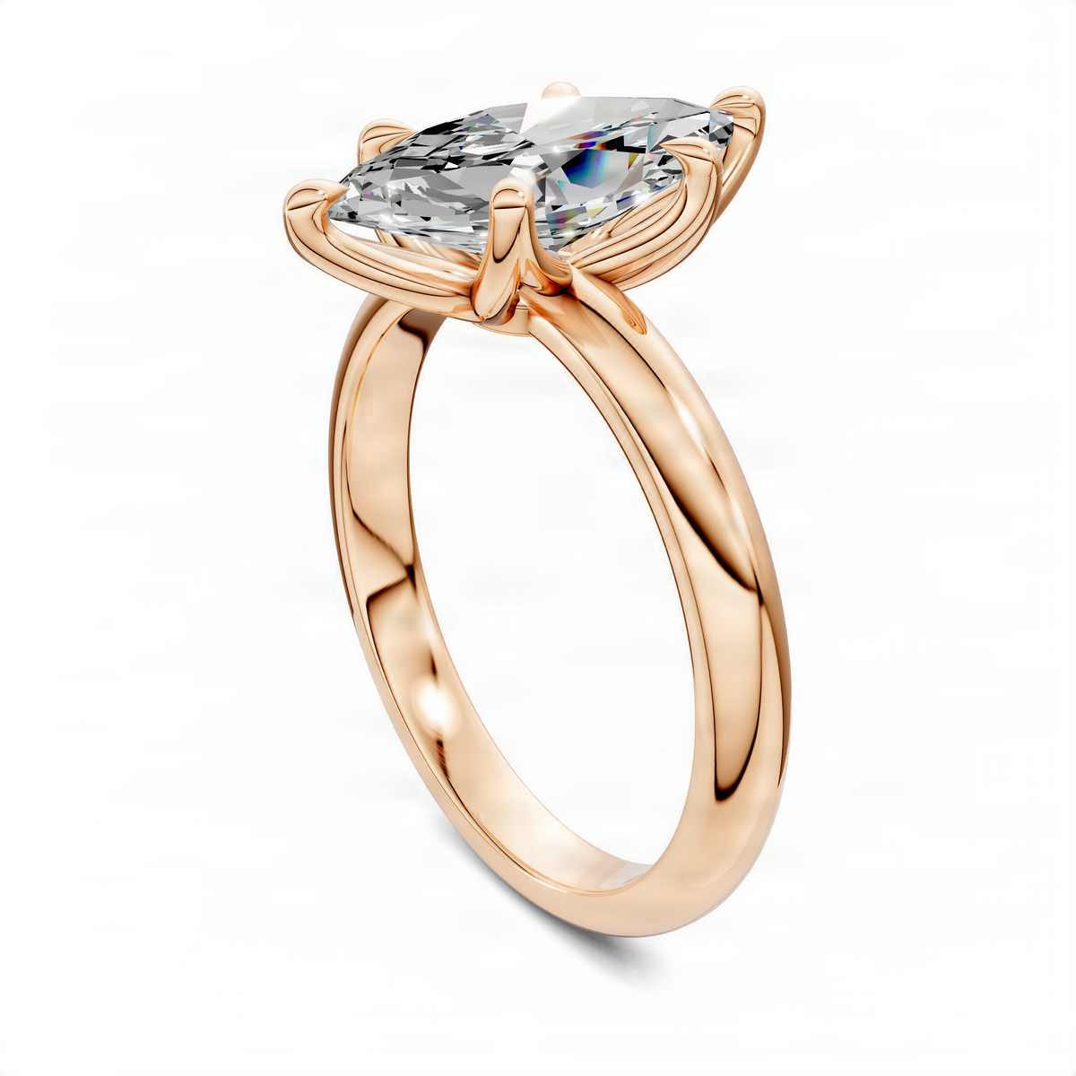 Marquise floral basket ring angled view with clear center stone, rose gold tone