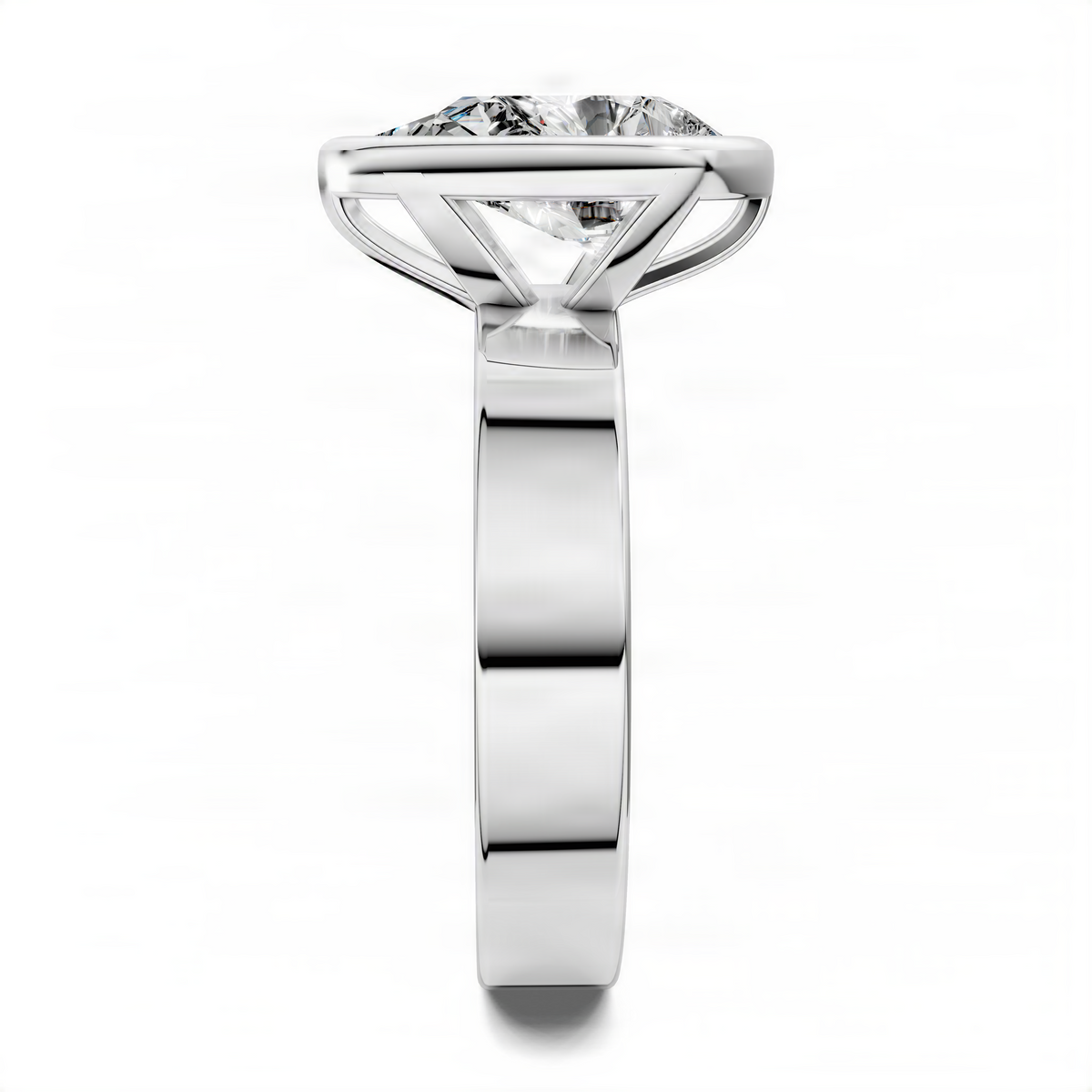 White gold solitaire ring with pear-cut diamond in open bezel setting