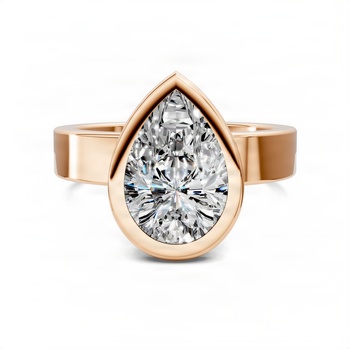 Rose gold solitaire ring with pear-cut diamond bezel setting, centered view