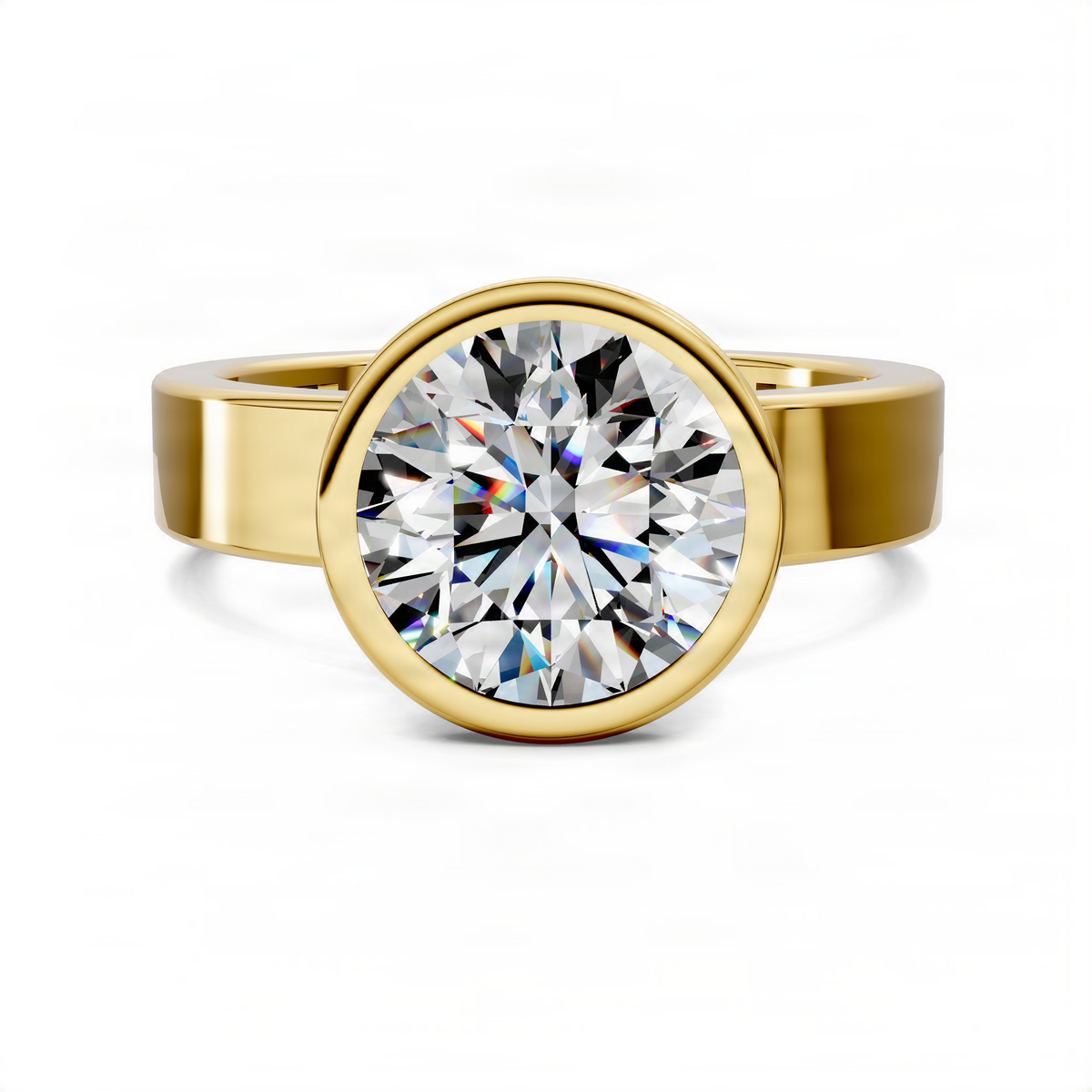 Yellow gold round bezel solitaire diamond ring, wide band