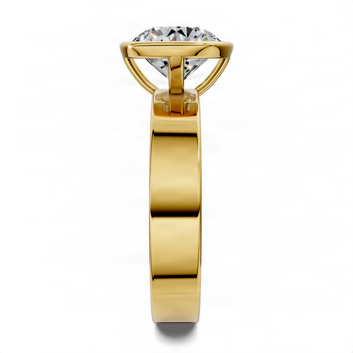 Round bezel solitaire ring side view with clear center stone, yellow-gold bezel setting.