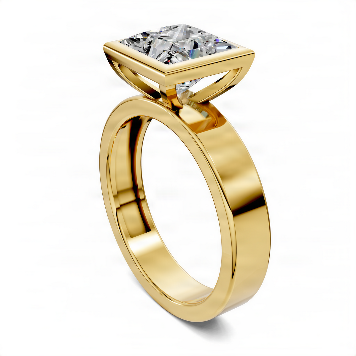 Yellow gold bezel solitaire ring with princess-cut diamond and sleek polished band