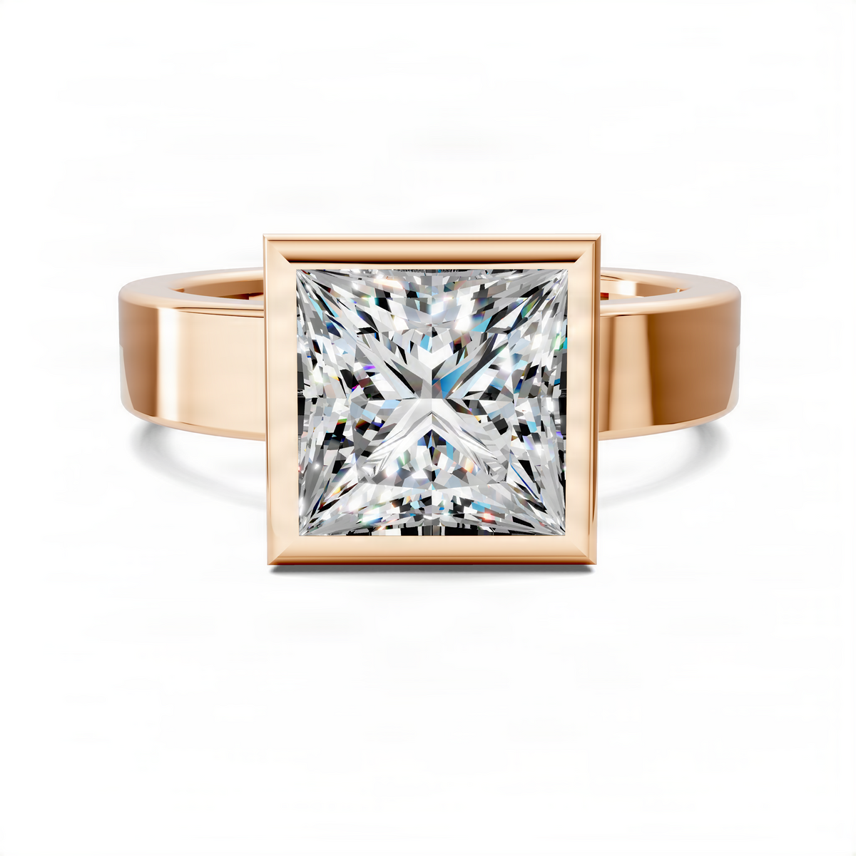 Rose gold bezel solitaire ring with princess-cut diamond in a square bezel frame