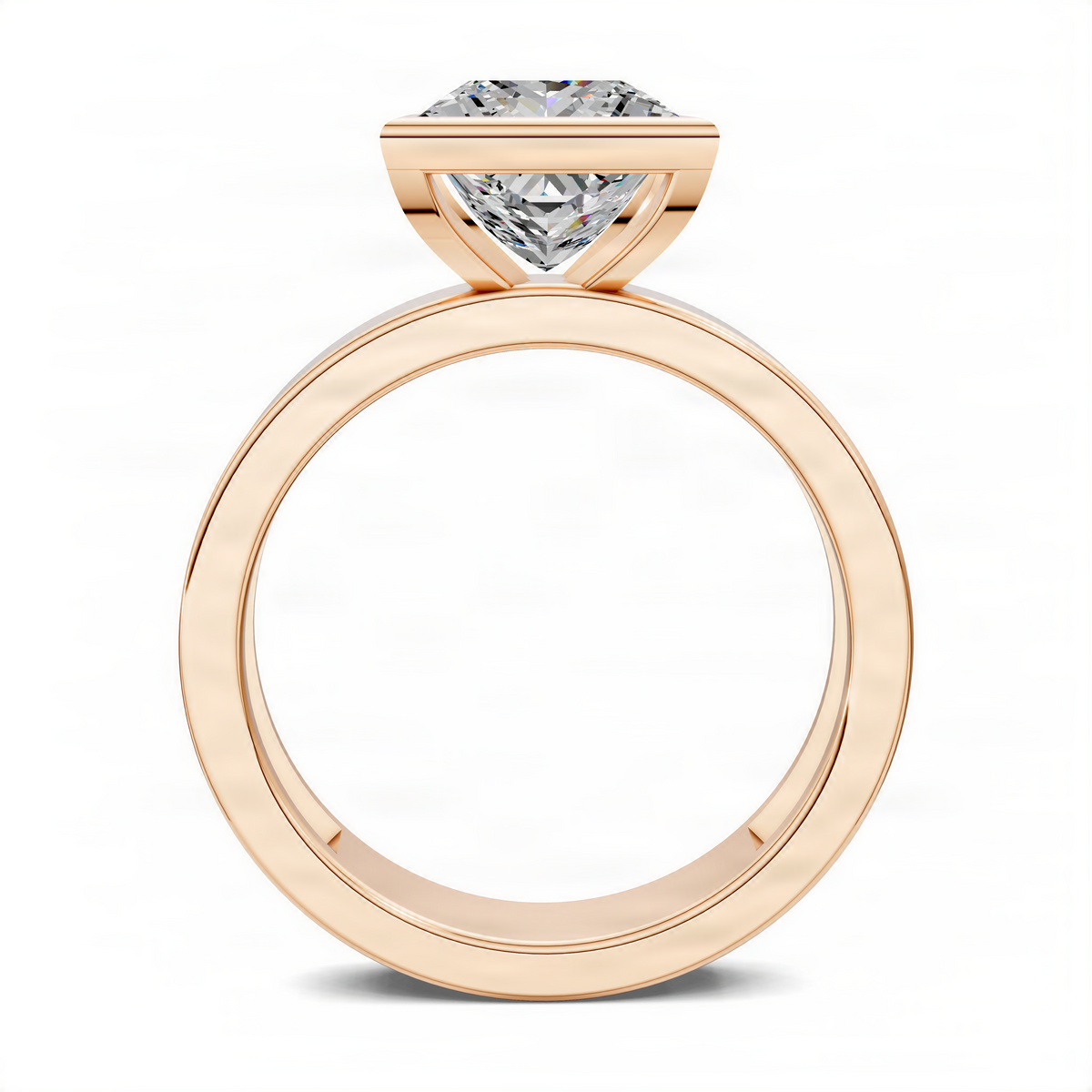 Rose gold bezel solitaire ring with princess-cut diamond in a V-shaped setting