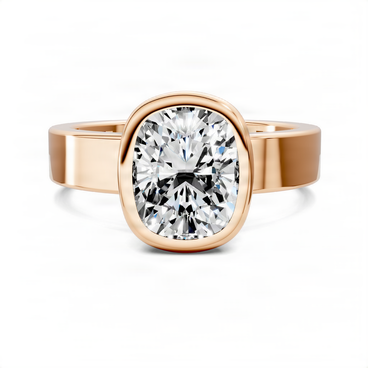 Rose gold cushion bezel solitaire ring with oval-cut diamond center