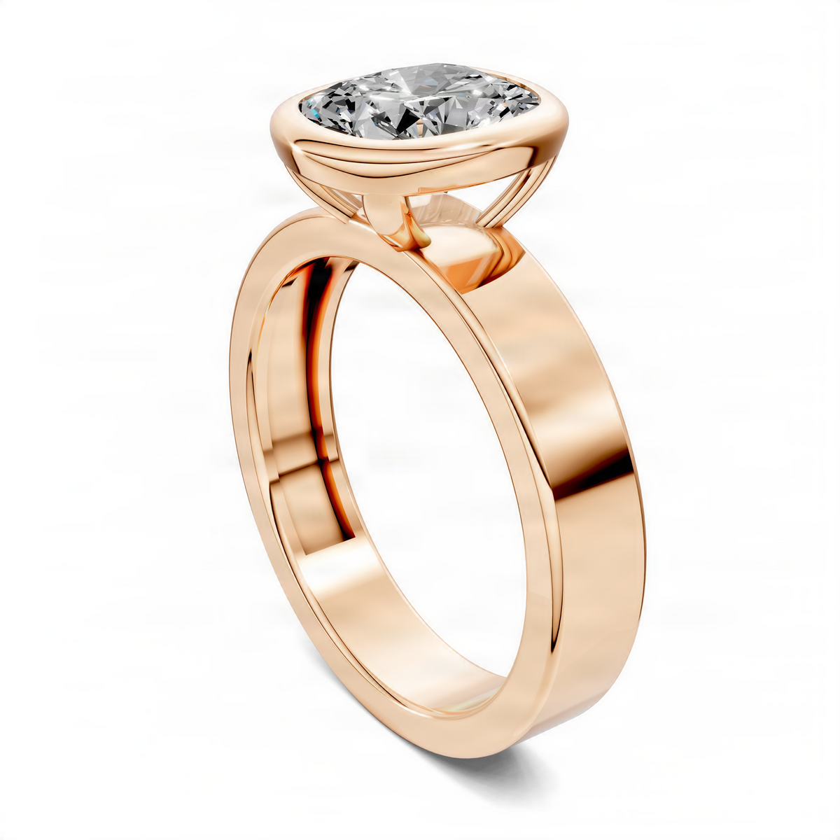 Rose gold cushion bezel solitaire ring with oval-cut diamond, side view