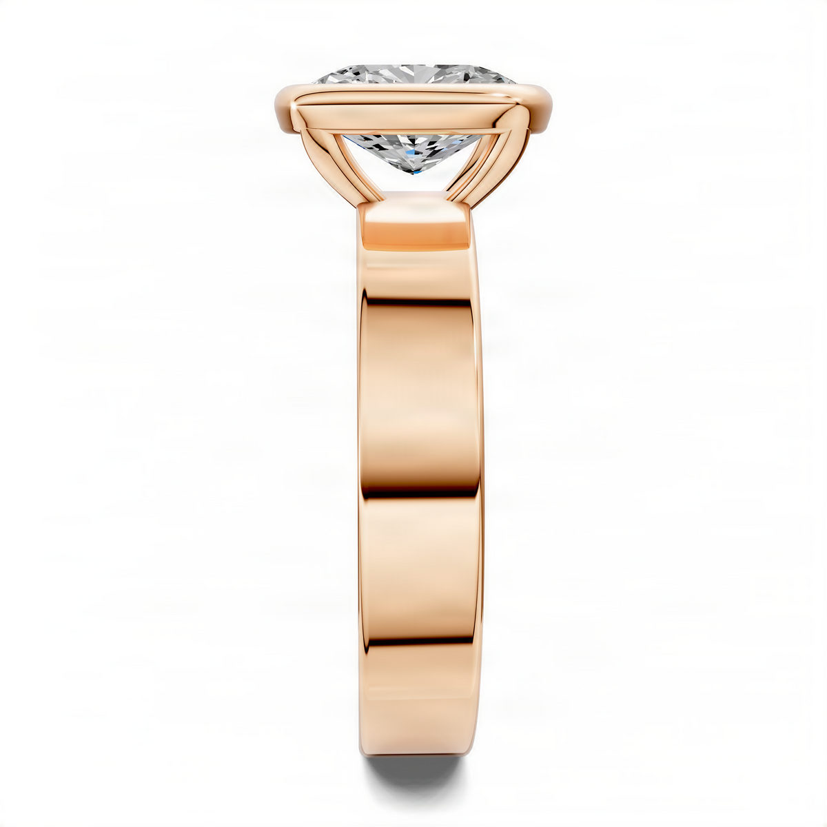 Rose gold cushion bezel solitaire ring with oval-cut diamond, front view
