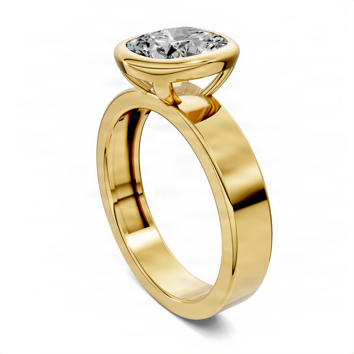 Yellow gold cushion bezel solitaire ring with oval-cut diamond, side view
