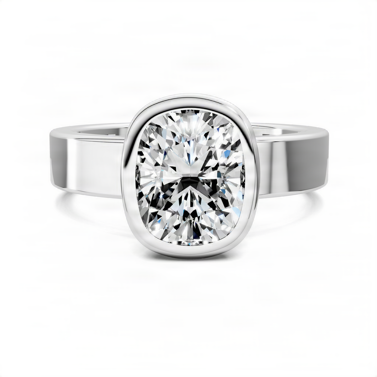 Cushion-cut solitaire diamond bezel ring, silver-tone band