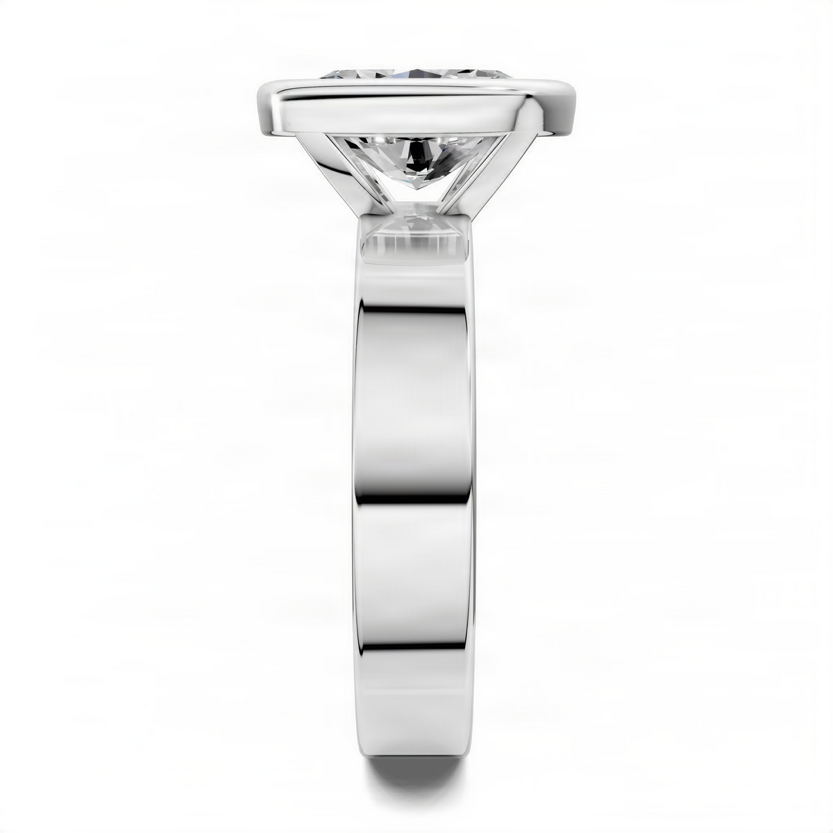 Platinum oval bezel solitaire engagement ring with diamond center, front view