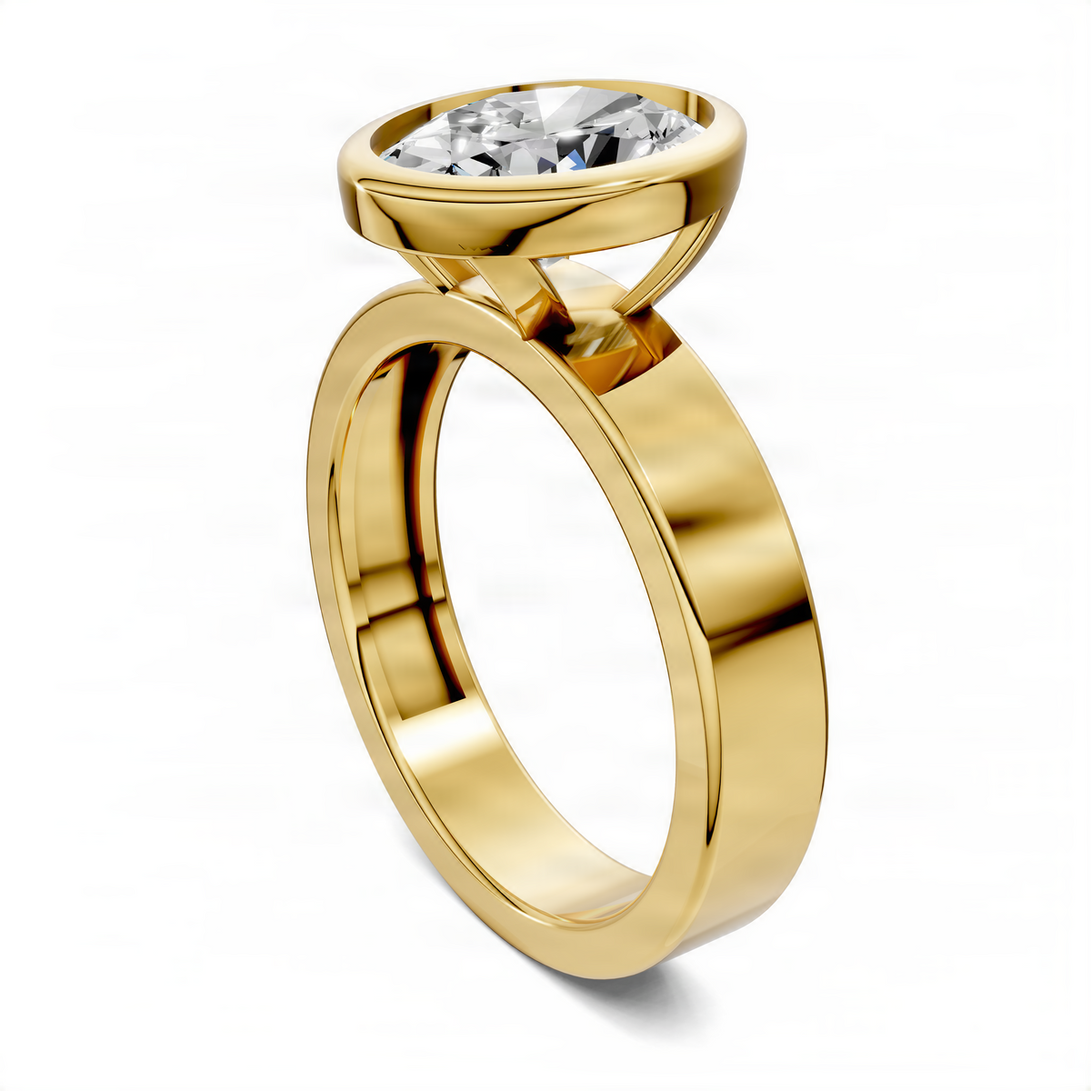 Yellow gold oval bezel solitaire ring, angled side view showing bezel setting