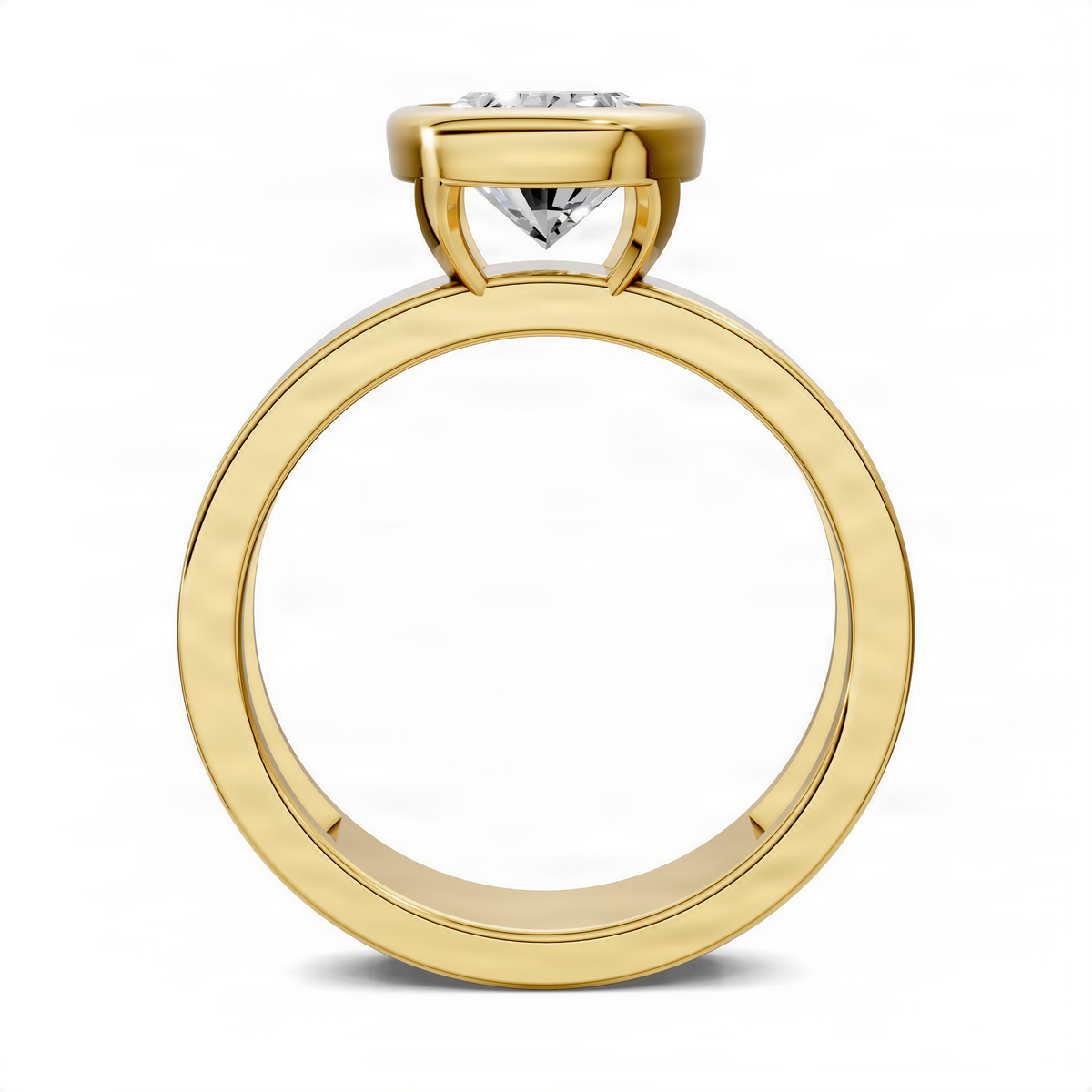 Oval bezel solitaire ring with clear center stone, yellow gold band