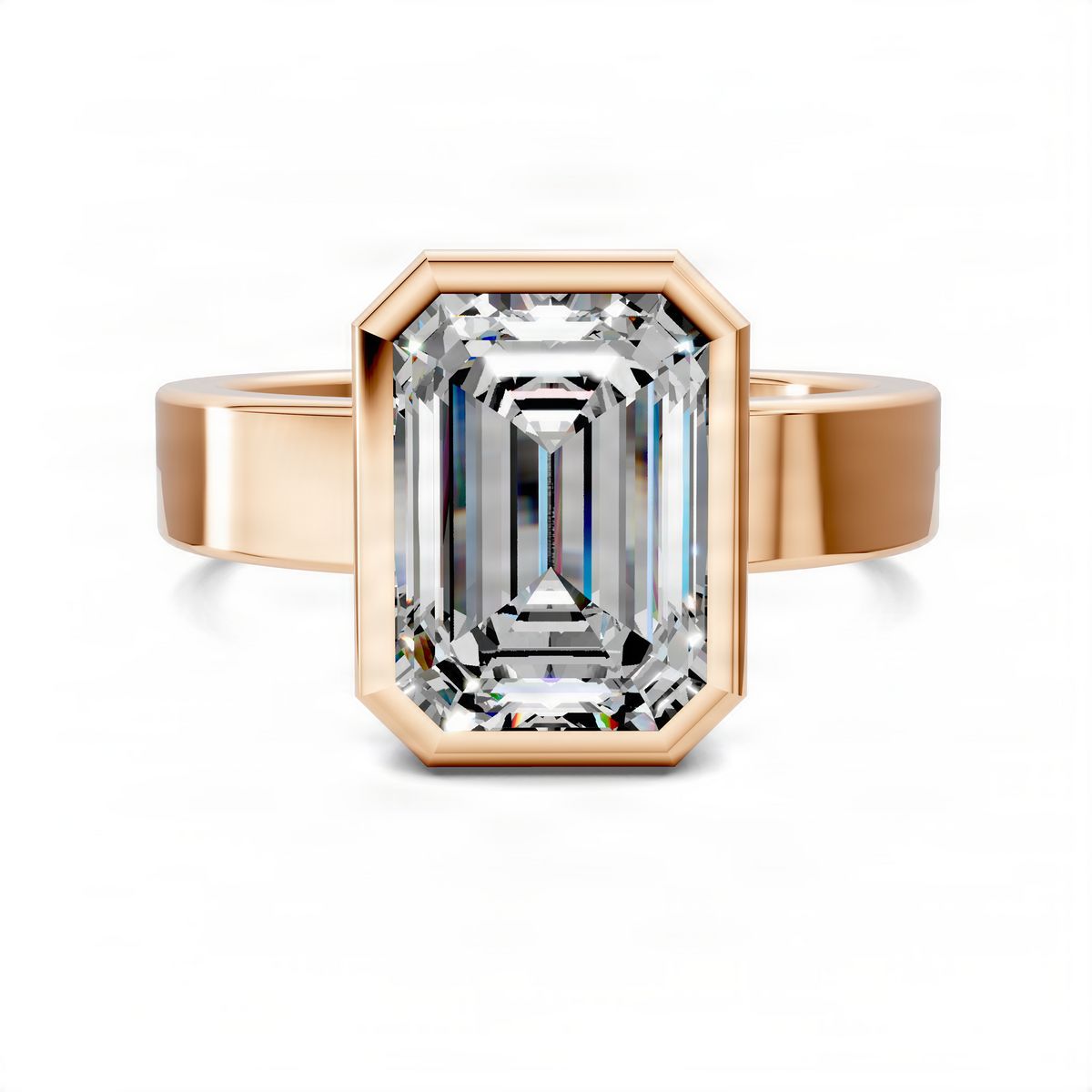 Rose gold bezel solitaire ring with emerald-cut center stone and polished band
