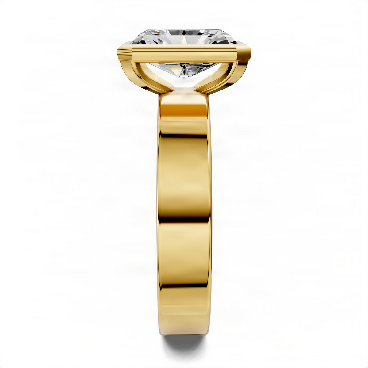 Radiant bezel solitaire ring, side profile, yellow gold prongs holding square-cut stone