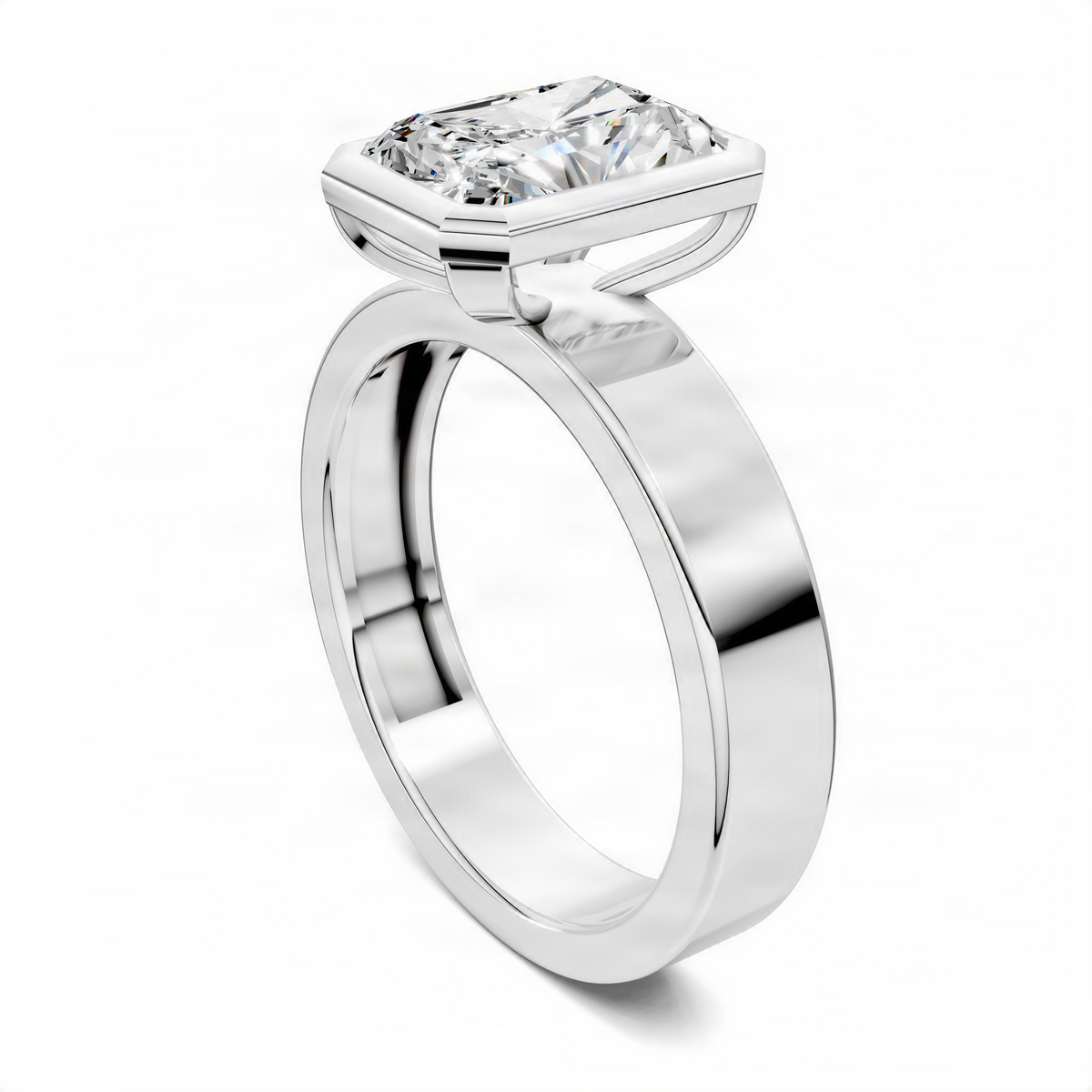Radiant bezel solitaire ring, side view, platinum band with square-cut center stone