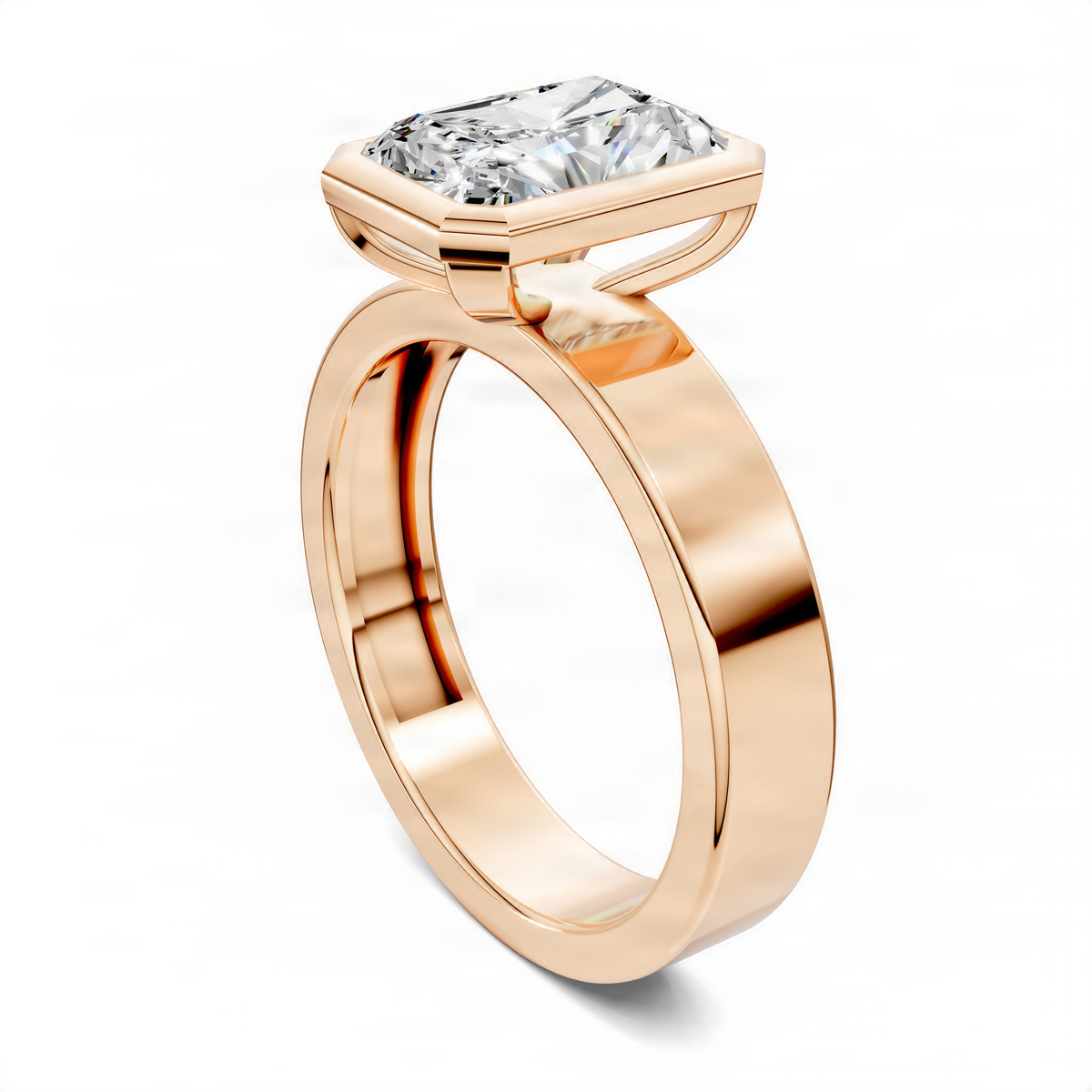 Radiant bezel solitaire ring, side view, rose gold band with square-cut center stone