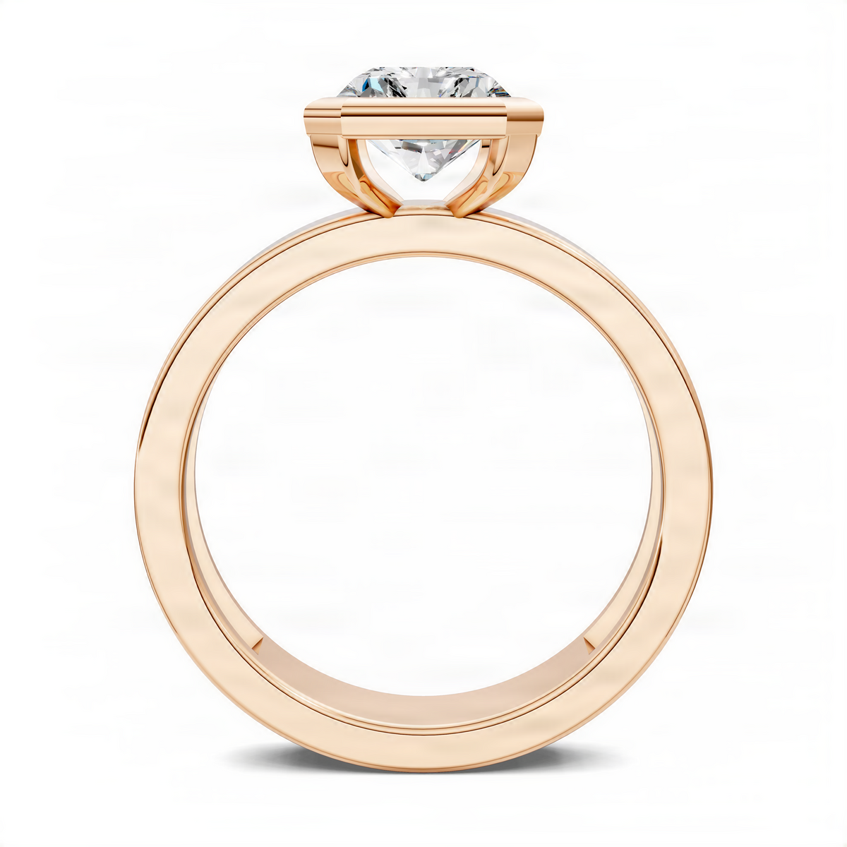 Radiant bezel solitaire ring with square-cut center stone, rose gold band from front
