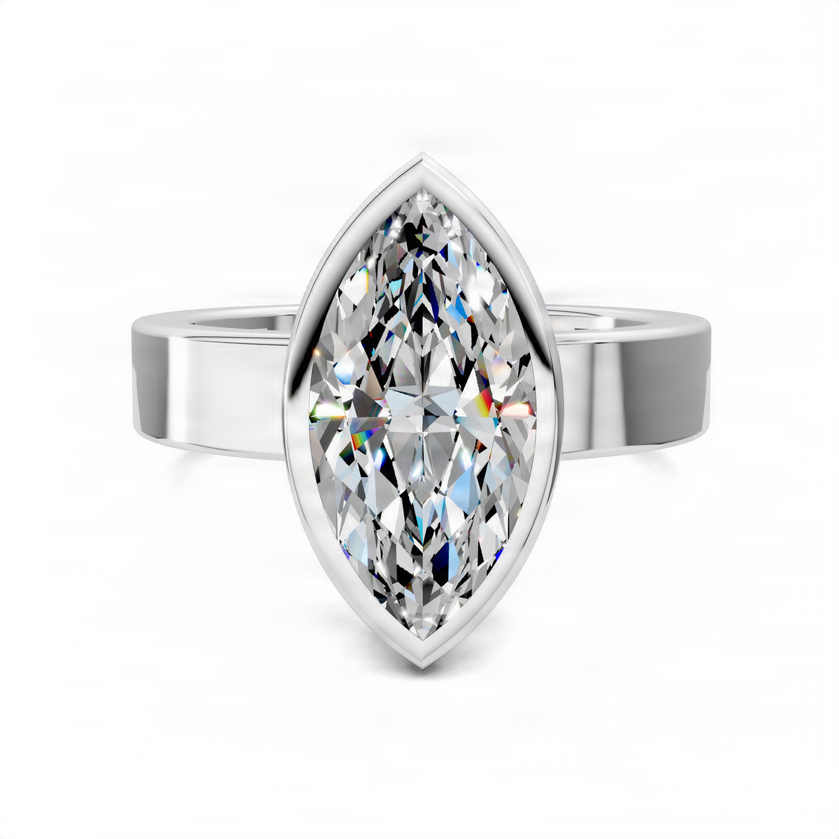 White gold marquise bezel solitaire ring with faceted center gemstone