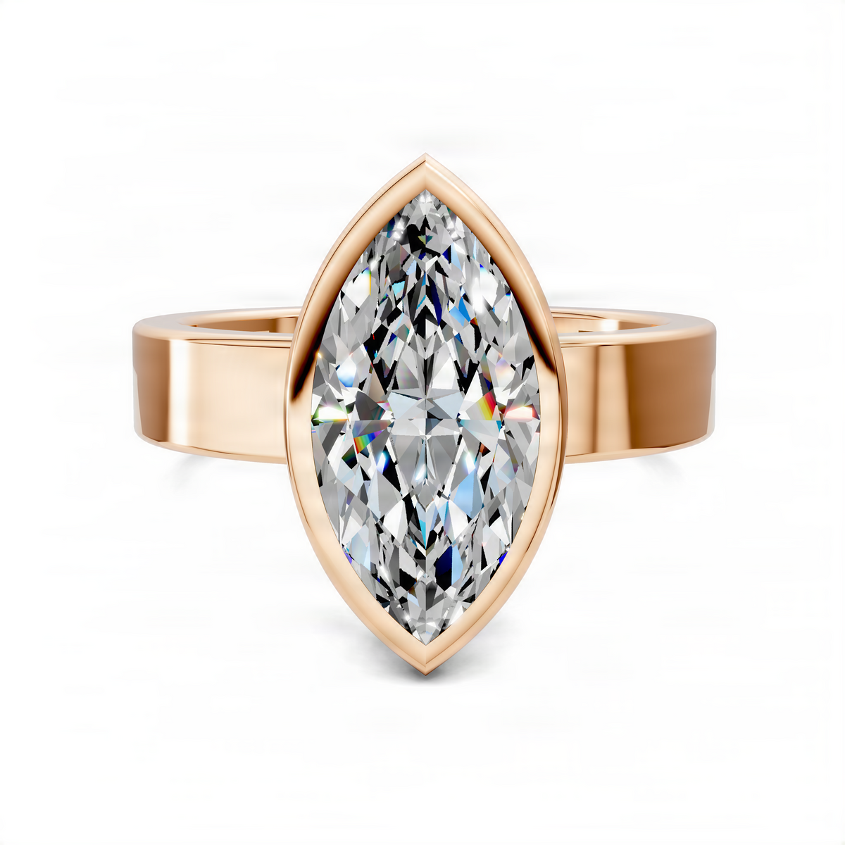Rose gold marquise bezel solitaire ring with faceted marquise center gemstone