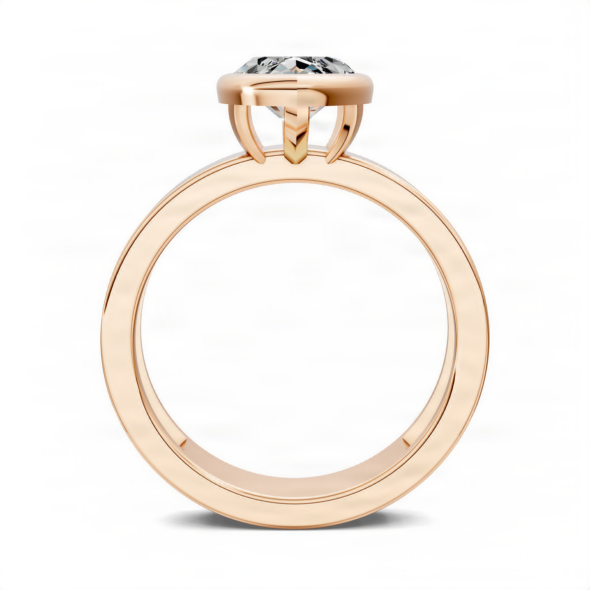Rose gold marquise bezel solitaire ring, underside view of bezel and band