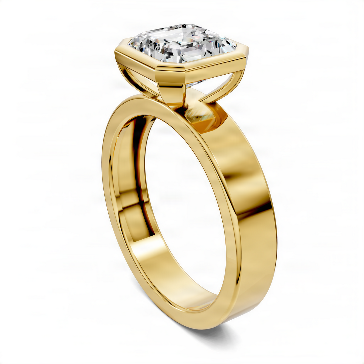 Opes Asscher bezel solitaire ring in yellow gold with square center stone, side view.