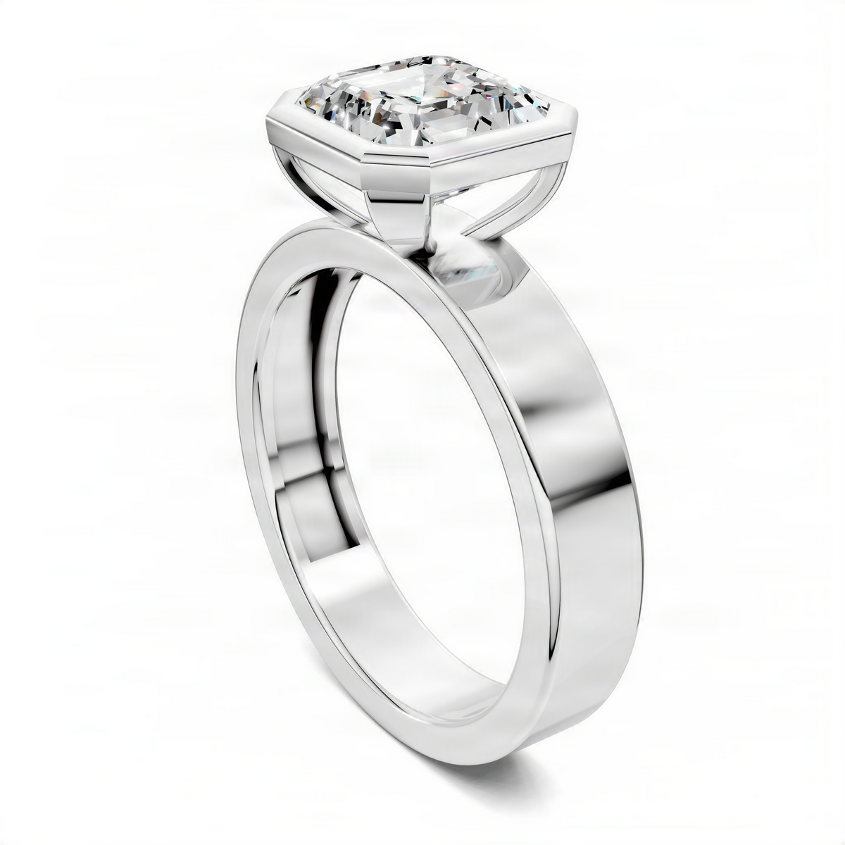 Opes Asscher bezel solitaire ring, polished silver tone, square bezel-set center stone