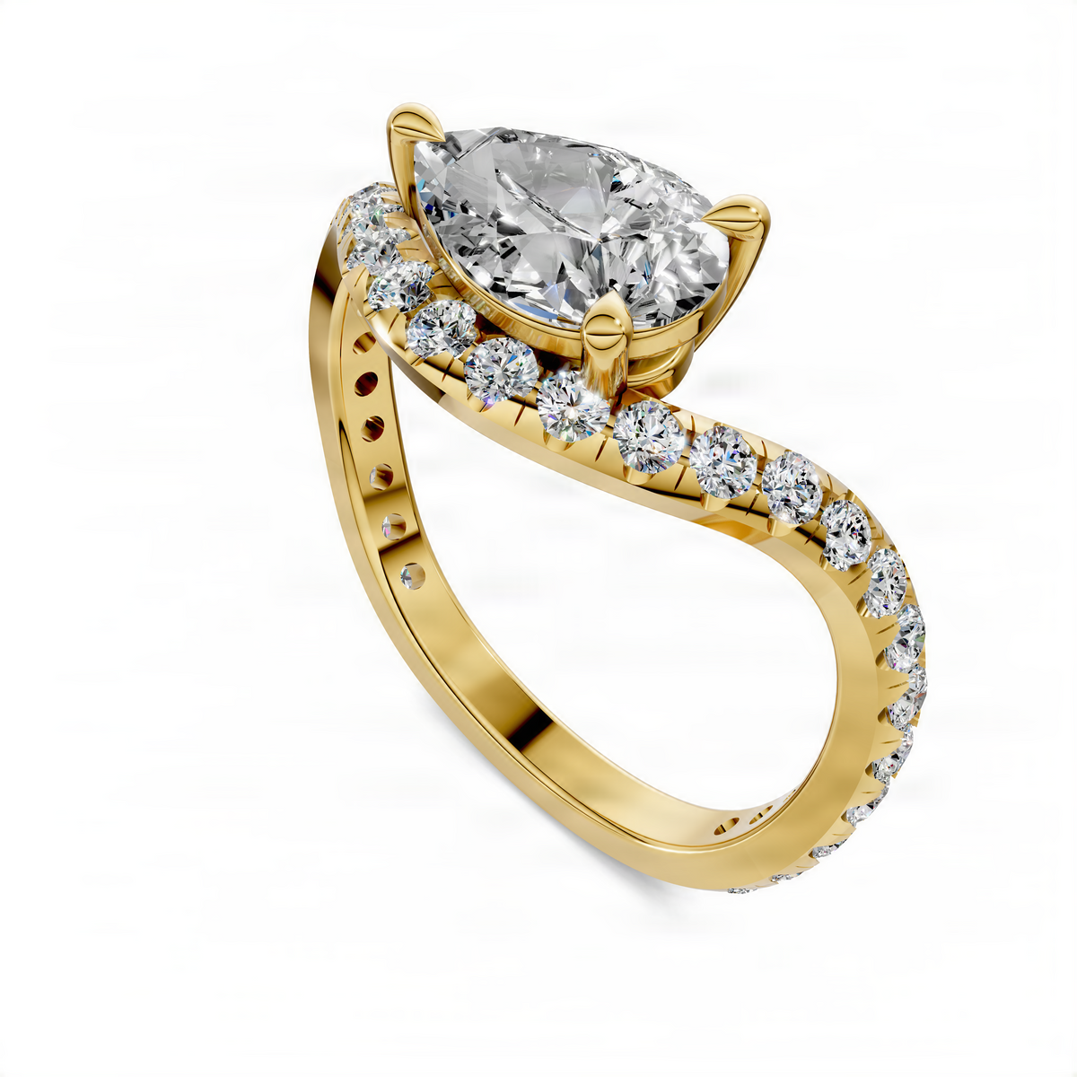 Pear-cut pavé ring in yellow gold with east-west center stone