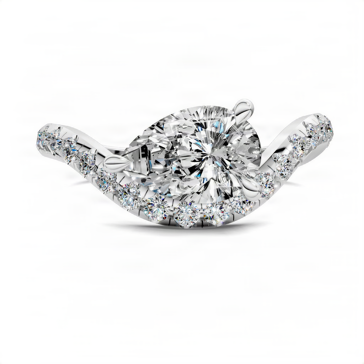 East-west pavé diamond ring with round center stone in white metal