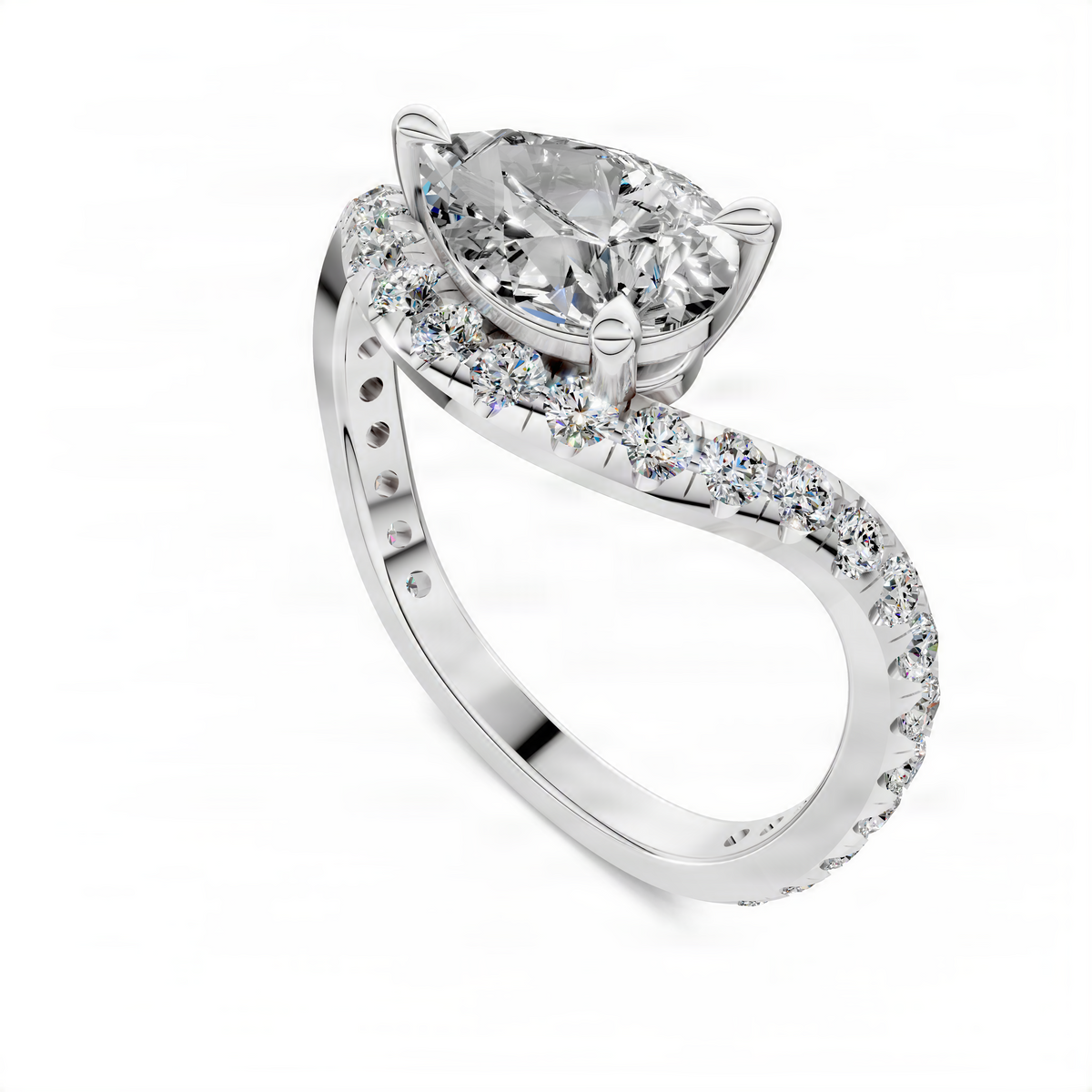 Pear-cut diamond ring with east-west setting and pavé band
