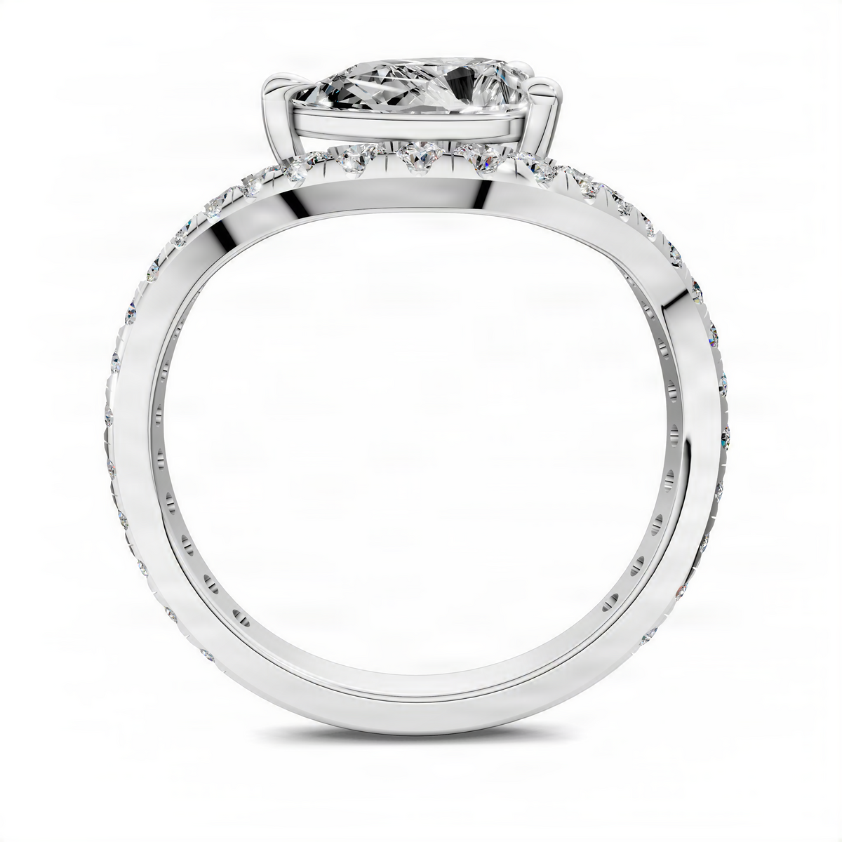 Pear east-west pavé ring in white gold with a pavé band