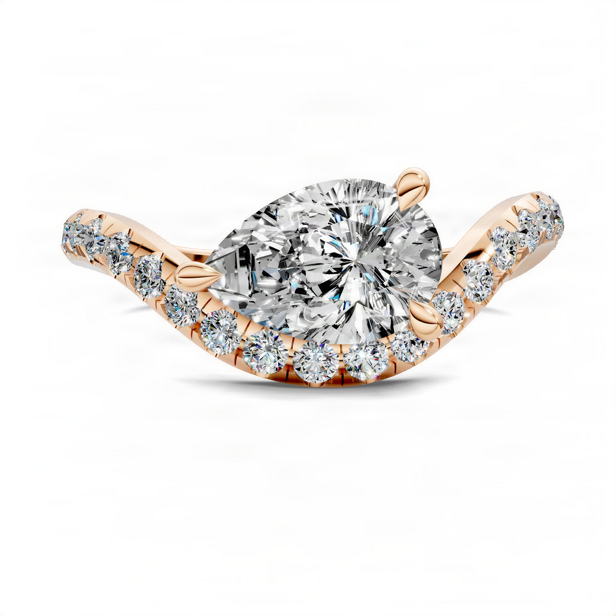 Opes pear east-west pavé ring in rose gold with pear-cut center stone and pavé band